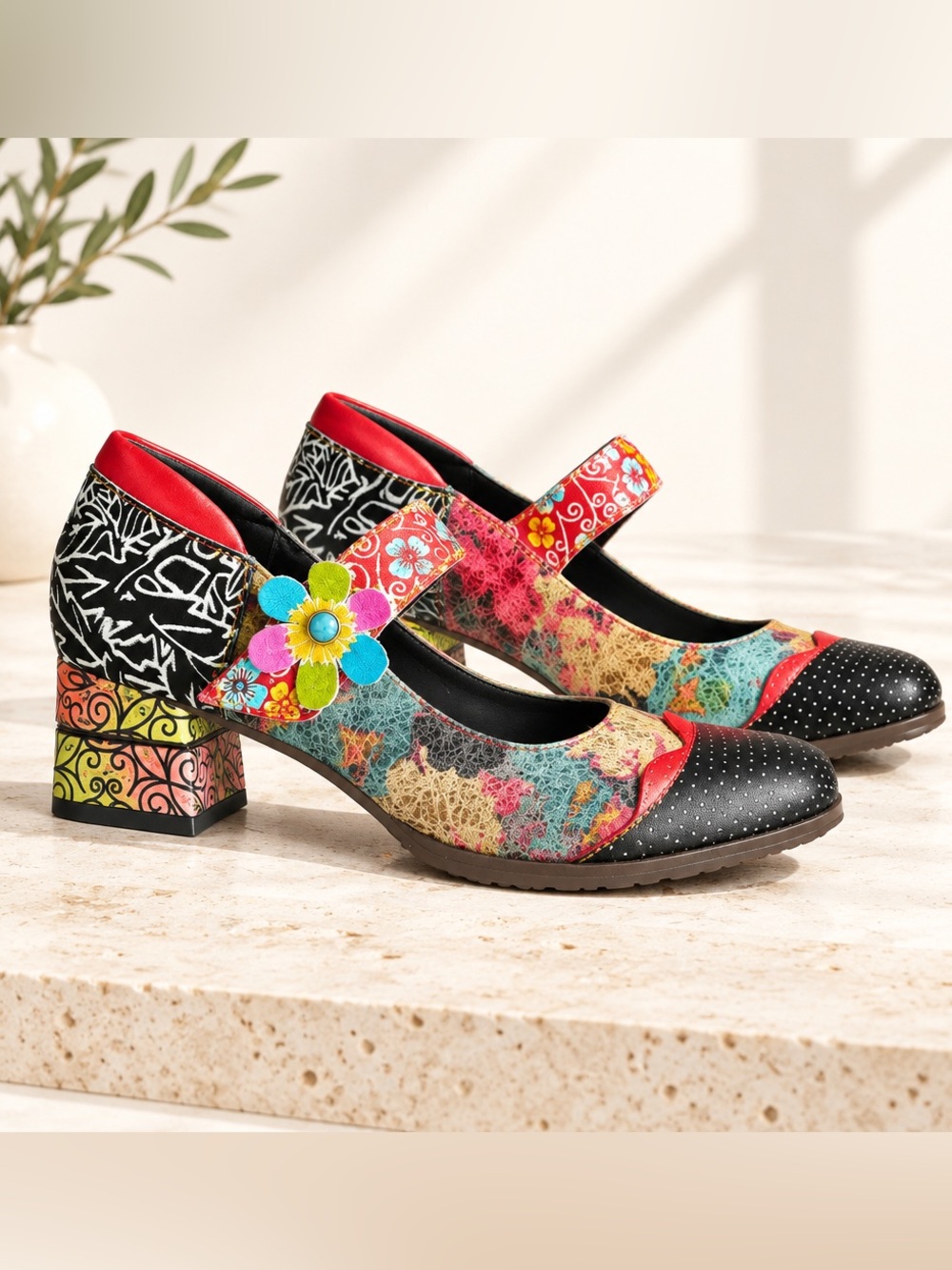 SOCOFY "Chic Block Heel Patchwork Mary Janes" Folk Bohemian Women pumps Sz 39/8